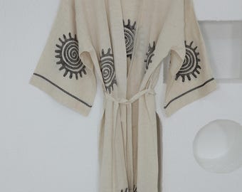 Bata kimono de lino / Albornoz ligero, estampado solar