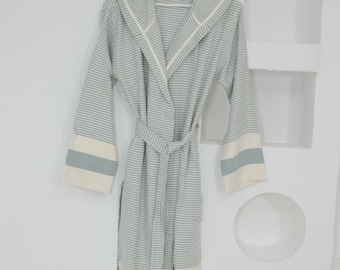 Albornoz de algodón azul y blanco / Bata suave de mañana, Bata de baño, Bata para dama de honor, Albornoz de algodón turco, Bata de algodón unisex, Bata de casar