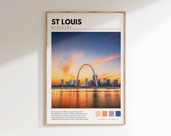 May include: A minimalist poster with a photograph of the St. Louis Arch at sunset. The poster features the text "ST. LOUIS MISSOURI" in a bold, sans-serif font. The poster also includes a color palette and the coordinates "38.6270° N, 90.1994° W".