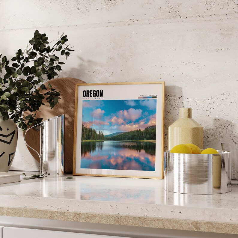 a picture of oregon on a wall next to a potted plant