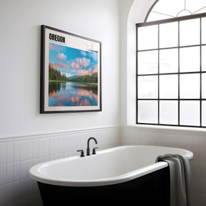 a bathroom with a tub and a large window