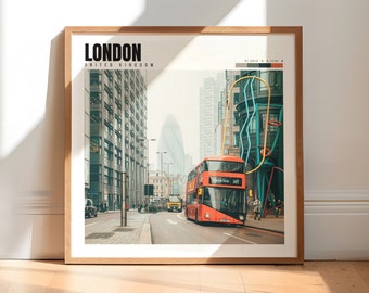 May include: A red double-decker bus drives down a city street in London, England. The bus is labeled "149" and "London Green". The street is lined with tall buildings and the sky is overcast.
