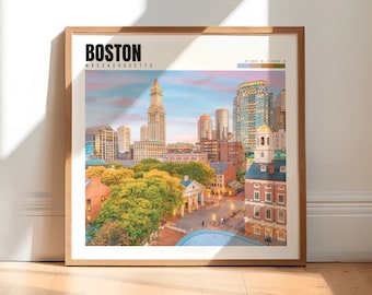 May include: A framed print of a cityscape with the text "BOSTON MASSACHUSETTS" at the top. The image shows a view of the city skyline with buildings, trees, and a street. The sky is a light blue with pink and orange clouds.
