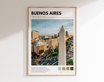 May include: A minimalist poster featuring a photograph of the Buenos Aires cityscape, Argentina. The poster showcases a tall obelisk in the centre of the image, surrounded by buildings and streets. The poster also includes the text "Buenos Aires" and "Argentina" in a bold, sans-serif font. The poster has a colour palette of light blue, beige, brown, and green.