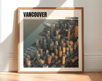 May include: An aerial view of Vancouver, British Columbia, with a cityscape of tall buildings and a body of water in the foreground. The image is framed in a light brown wood frame.