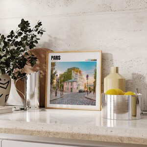 a picture of paris on a shelf next to a potted plant