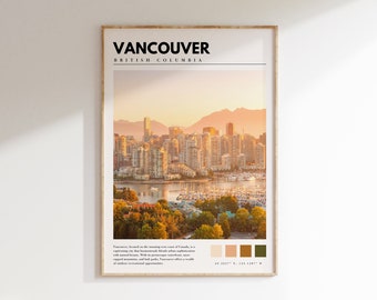 May include: A minimalist poster with a cityscape of Vancouver, British Columbia, Canada. The poster features a sunset over the city skyline with mountains in the background. The text "Vancouver, British Columbia" is at the top of the poster. The poster also includes a color palette and the coordinates 49.2827° N, 123.1207° W.