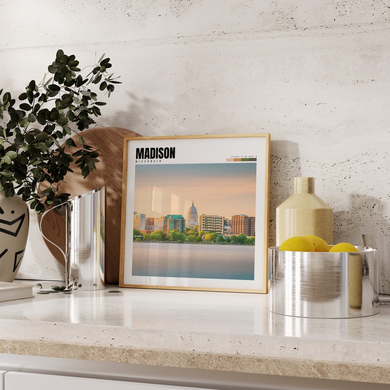 a picture of a city is on a shelf