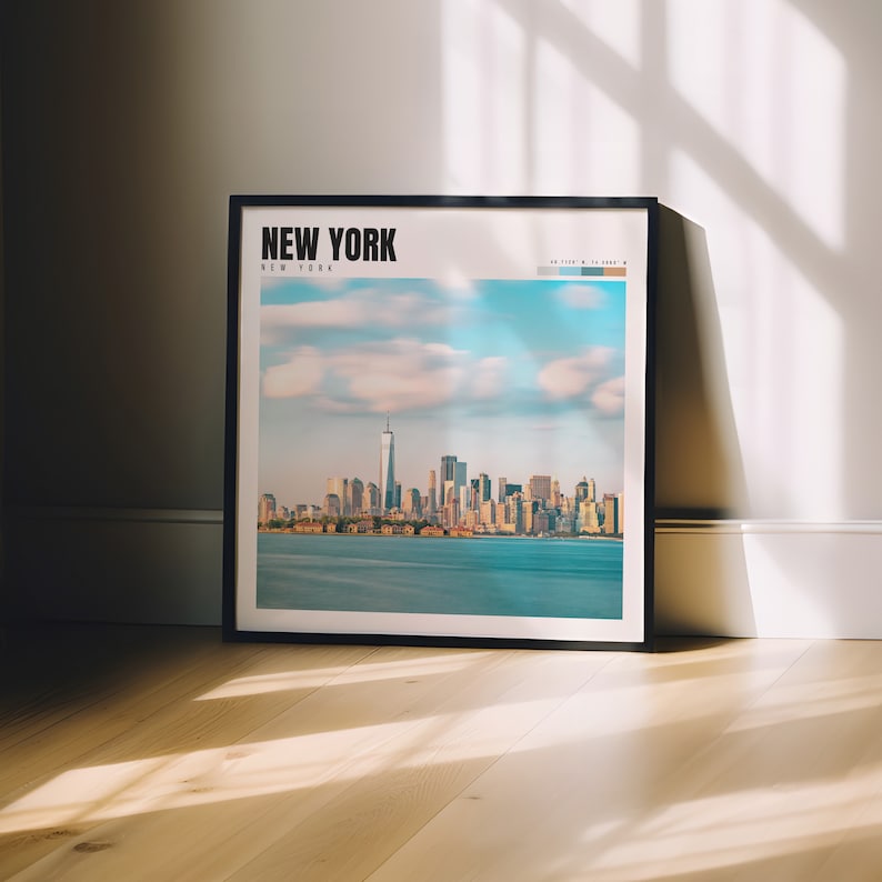 a picture of a new york in a frame on the floor