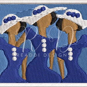 May include: Three women wearing blue dresses and white hats with blue accents. The women are standing close together and smiling. The background is a light blue color.