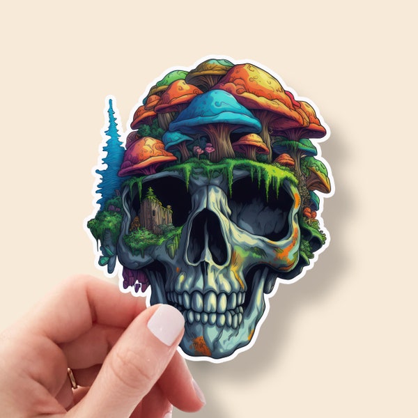 Mystical Skull with Mushrooms and Trees Sticker: Nature's Resilient Beauty Laptop Sticker Notebook Decal