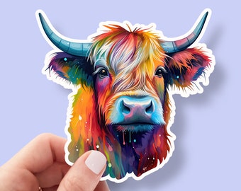 Rainbow Painted Highland Cow Laptop Sticker - Vinyl Decal for Laptops, Hydro Flask, More