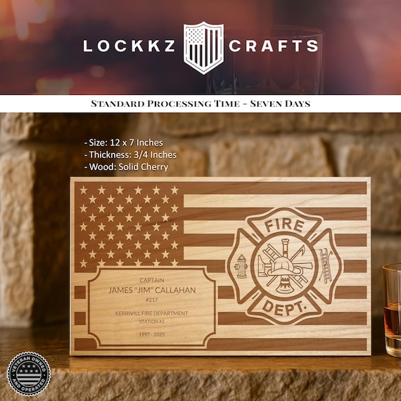 Custom Cherry Wood Firefighter Flag Plaque – Personalized Retirement Gift