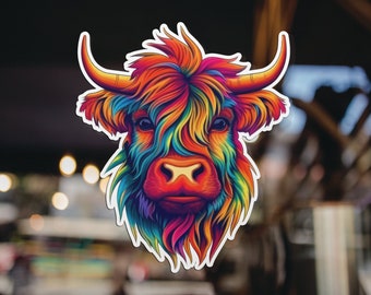 Vache Highland arc-en-ciel, Sticker vache, sticker vache, vinyle autocollant, autocollant pour ordinateur portable, décalcomanies voiture, autocollant coupé, vinyle autocollant, vache Highland