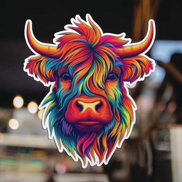 Rainbow Highland Cow, Cow Sticker, Cow Decal, Vinyl Sticker, Laptop Sticker, Car Decals, Kiss-Cut Sticker, Vinyl Decal, Highland Cow