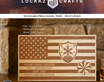 Personalized Military Flag Cherry Wood Plaque, Veteran Gift for Transfer and Retirement