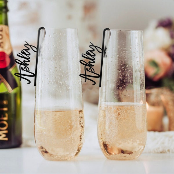 Champagne Flute Tags PERSONALIZED Wine Glass Charms for Bridal Shower, Custom Name Drink Marker, Bachelorette Party Favors for Bridesmaids