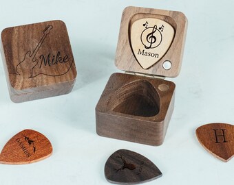 Personalized Guitar Picks, Custom Wooden Guitar Pick Case Box with Engraving, Wood Guitar Pick Organizer Music Gift for Guitarist Musician