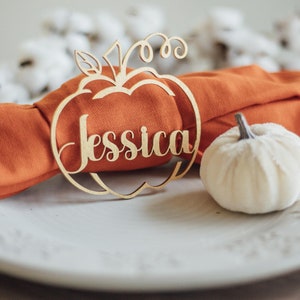 Thanksgiving Decor Name Tags, Custom Wood Rustic Fall Place Tag, Personalized Pumpkin Cards, Friendsgiving Tag