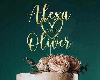 Personalized Wedding Cake Topper with heart, French Script, Mr and Mrs Cake Topper for Wedding, Wedding Cake Topper Rustic, Custom names