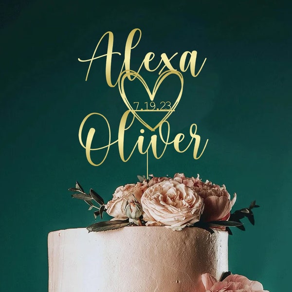 Personalized Wedding Cake Topper with heart, French Script, Mr and Mrs Cake Topper for Wedding, Wedding Cake Topper Rustic, Custom names