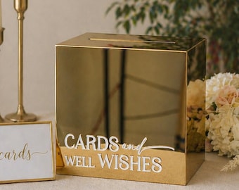 Gold Wedding Card Box with Lock and Key | Acrylic Card Box, Cards + Gifts Box, Wedding Acrylic Box, Wishing Well, 10x10x9 Card Box
