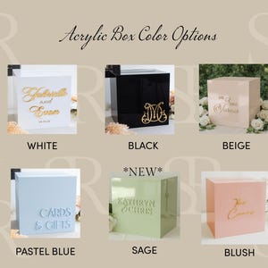 May include: A collection of six square acrylic boxes in white, black, beige, pastel blue, sage, and blush colors. Each box features custom lettering or monograms on the front surface. The text "Acrylic Box Color Options" is displayed at the top.