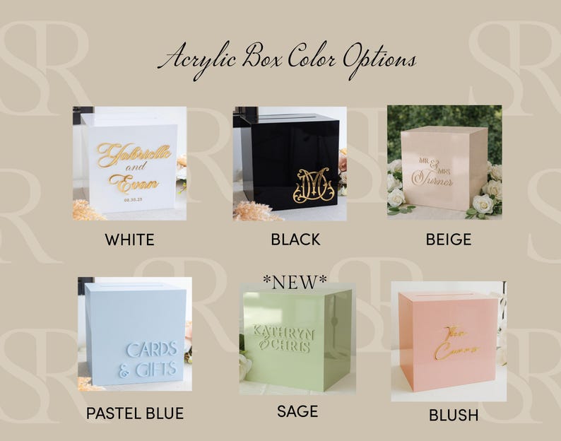 May include: A collection of six square acrylic boxes in white, black, beige, pastel blue, sage, and blush colors. Each box features custom lettering or monograms on the front surface. The text "Acrylic Box Color Options" is displayed at the top.