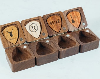 Personalized Guitar Picks, Custom Wooden Guitar Pick Case Box with Engraving, Wood Guitar Pick Organizer Music Gift for Guitarist Musician