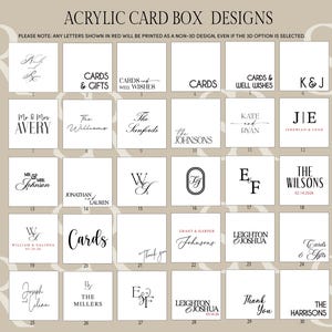 May include: A grid of thirty white squares displaying various black and red typography designs for an acrylic card box. The header reads ACRYLIC CARD BOX DESIGNS and includes a note about red letters being printed as a non-3D design.