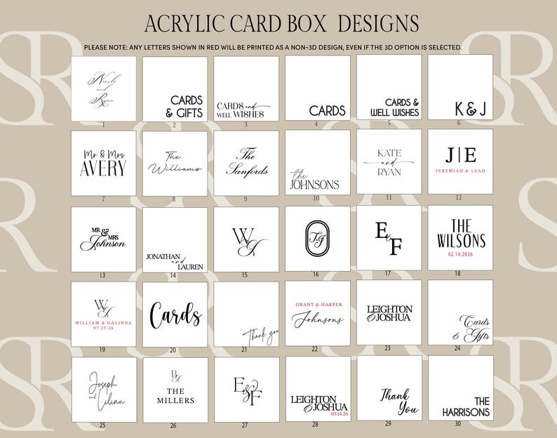 May include: A grid of thirty white squares displaying various black and red typography designs for an acrylic card box. The header reads ACRYLIC CARD BOX DESIGNS and includes a note about red letters being printed as a non-3D design.