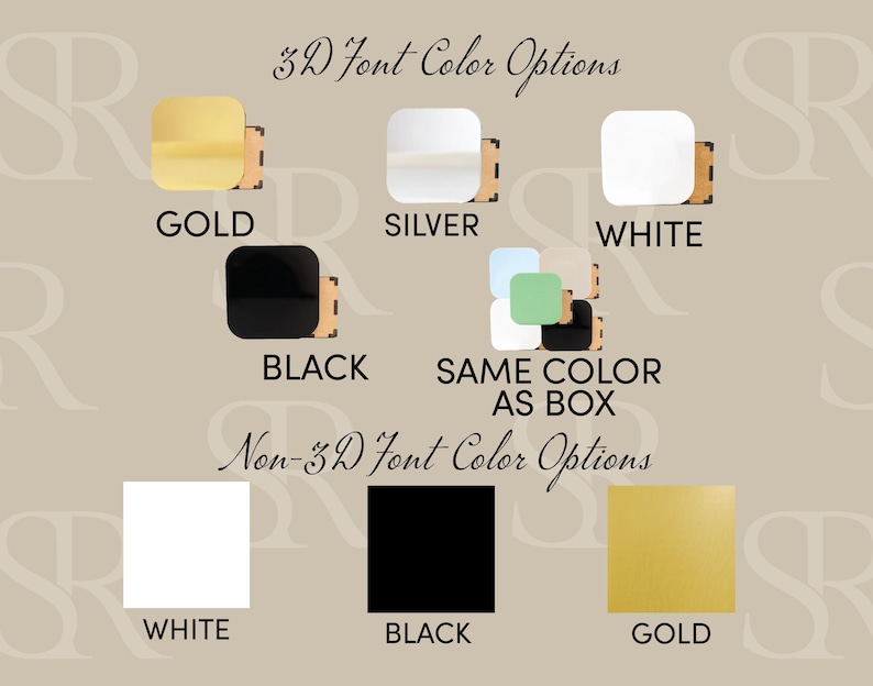 May include: A color chart displaying 3D font color options including gold, silver, white, black, and same color as box, alongside non-3D font color options in white, black, and gold. Each option is represented by a square swatch with text labels.