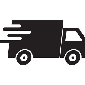 May include: Black and white illustration of a delivery truck with motion lines, suggesting speed. The truck has a rectangular cargo area, a small cab, and two wheels. The design is simple and graphic.