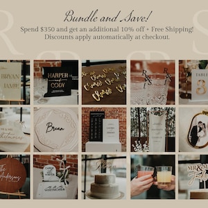 May include: A collage of wedding signage and decor items including acrylic name signs, table numbers, cake toppers with names like Bryan and Jamie, Harper and Cody, and Madison and Charlie, plus personalized drink stirrers and a round wooden sign.