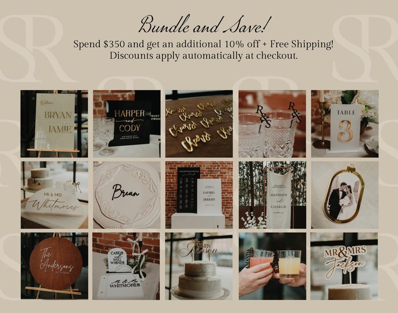 May include: A collage of wedding signage and decor items including acrylic name signs, table numbers, cake toppers with names like Bryan and Jamie, Harper and Cody, and Madison and Charlie, plus personalized drink stirrers and a round wooden sign.