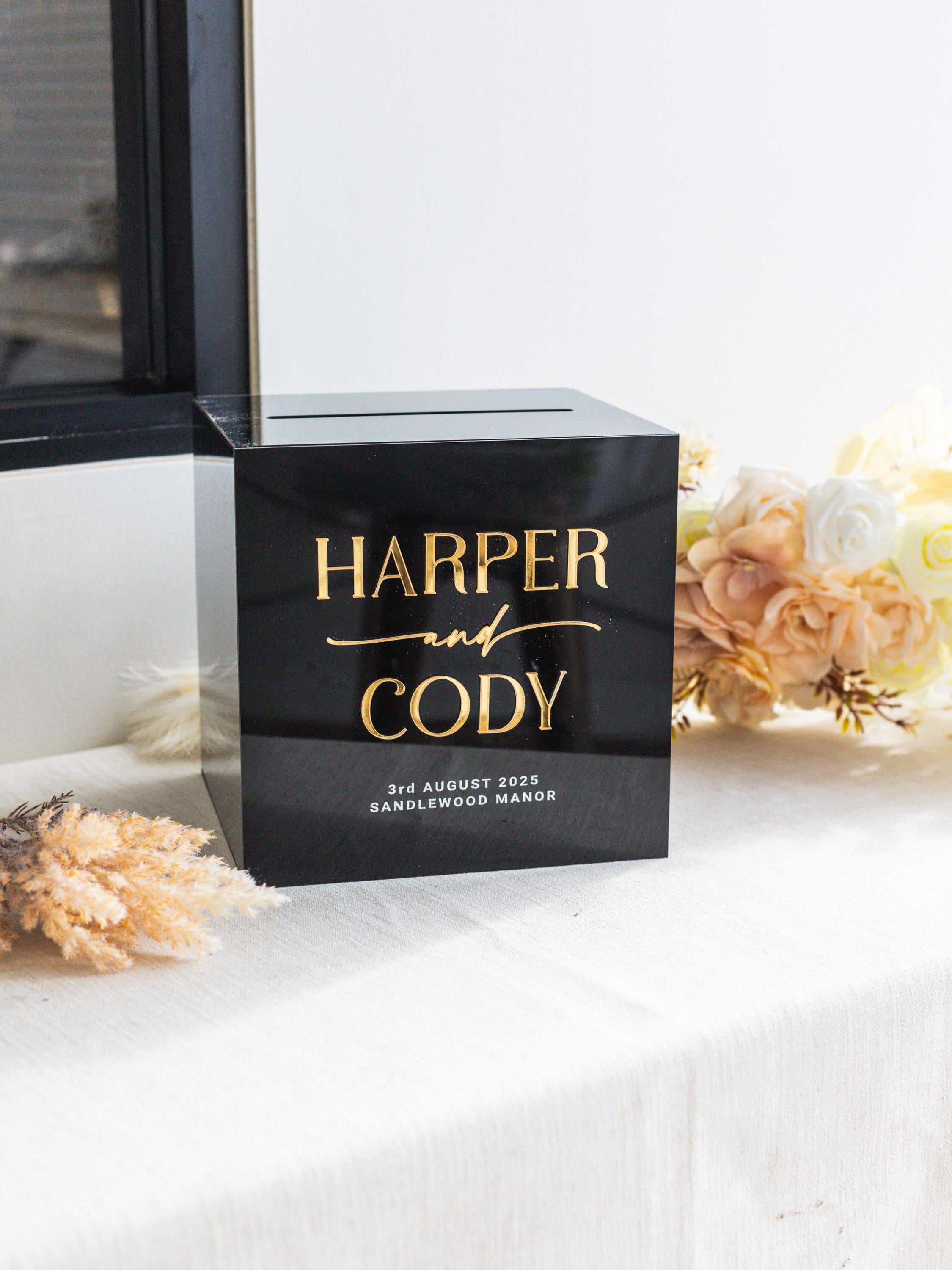 Black Acrylic Wedding Card Box | Gold Lettering 10x10x9 Cards & Gifts Box | Modern Wishing Well | Reception Envelope Holder | Custom Decor