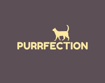 May include: A yellow silhouette of a cat walking with the word "PURRFECTION" in yellow text below.