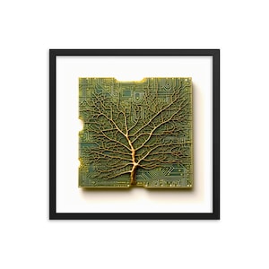 May include: A gold tree-like design on a green circuit board. The circuit board is framed in black.