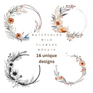 Cadre de bouquet de couronne de fleurs sauvages aquarelle, transparent, invitations de mariage Boho minimaliste, téléchargement numérique PNG, Couronne florale