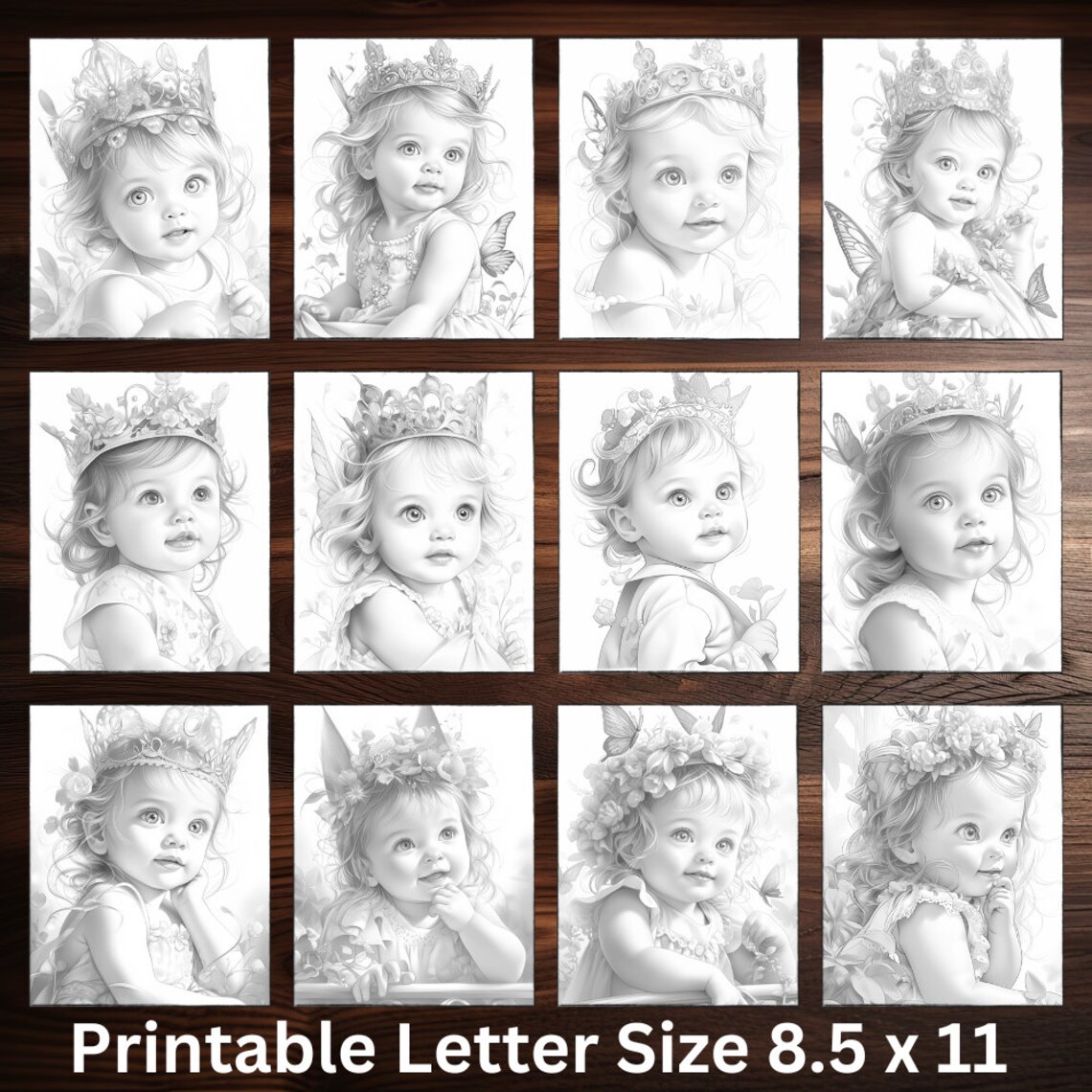 40 Cute Baby Princess Baby Girl Coloring Printable PDF Grayscale ...