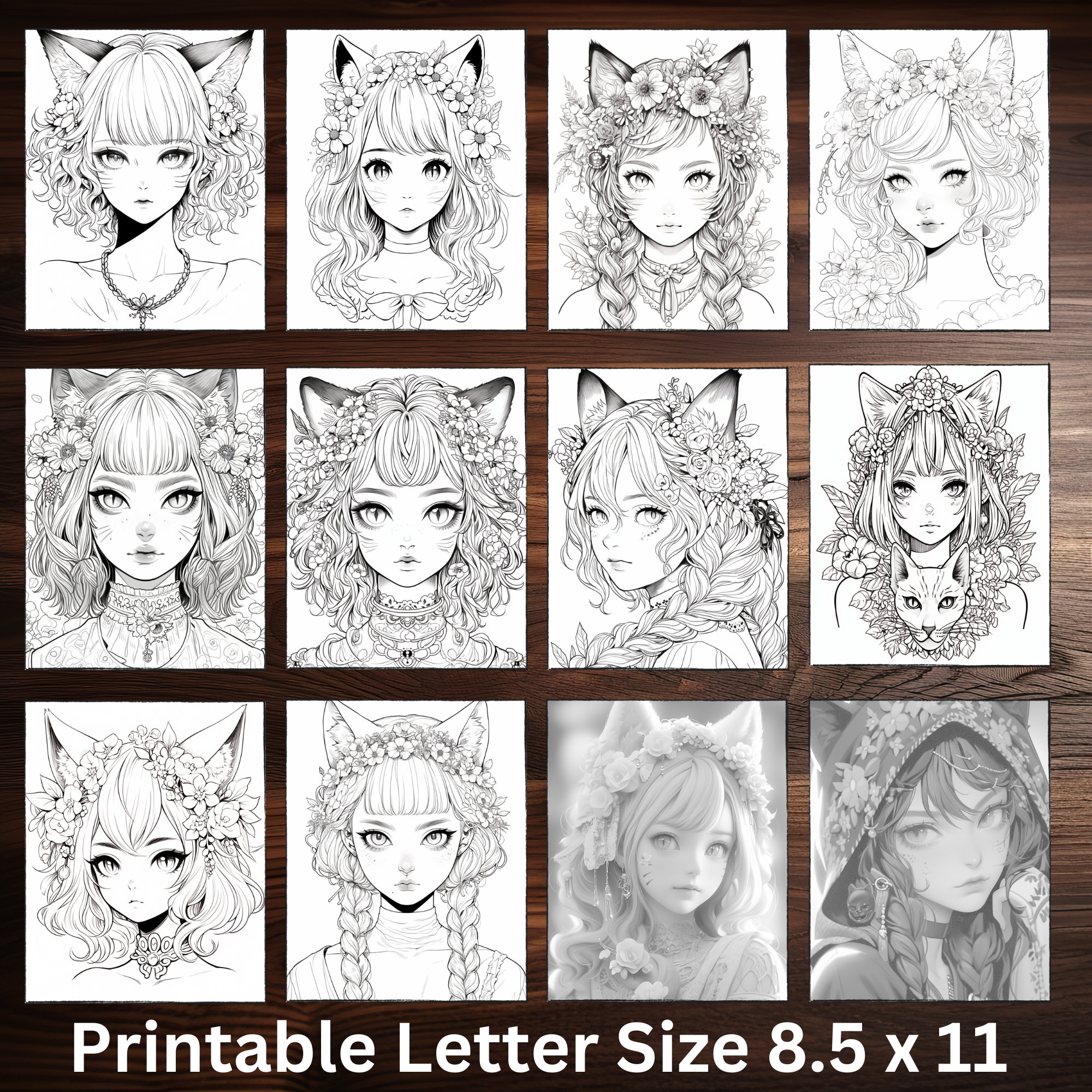 40 Anime Cat Girls Coloring Book Instant Download Grayscale - Etsy