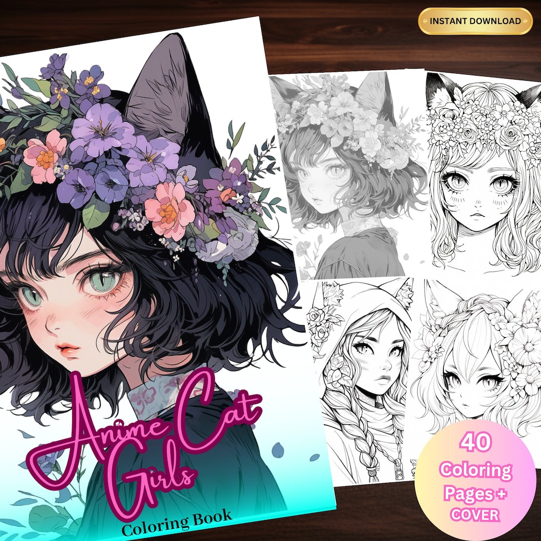 40 Anime Cat Girls Coloring Book Instant Download Grayscale - Etsy