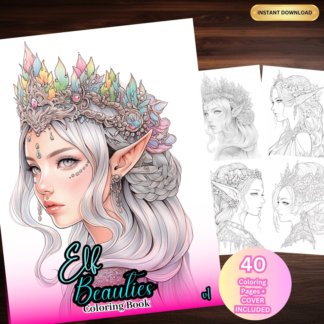 Elven Girls Elf Coloring Book Colouring Instant Download Grayscale