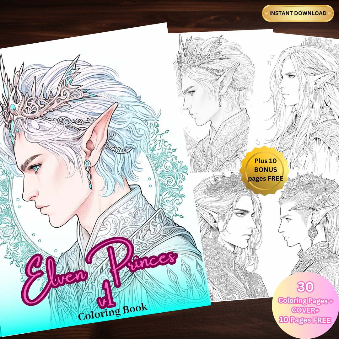 40 Elven Princes Coloring Book V1 Instant Download Grayscale - Etsy