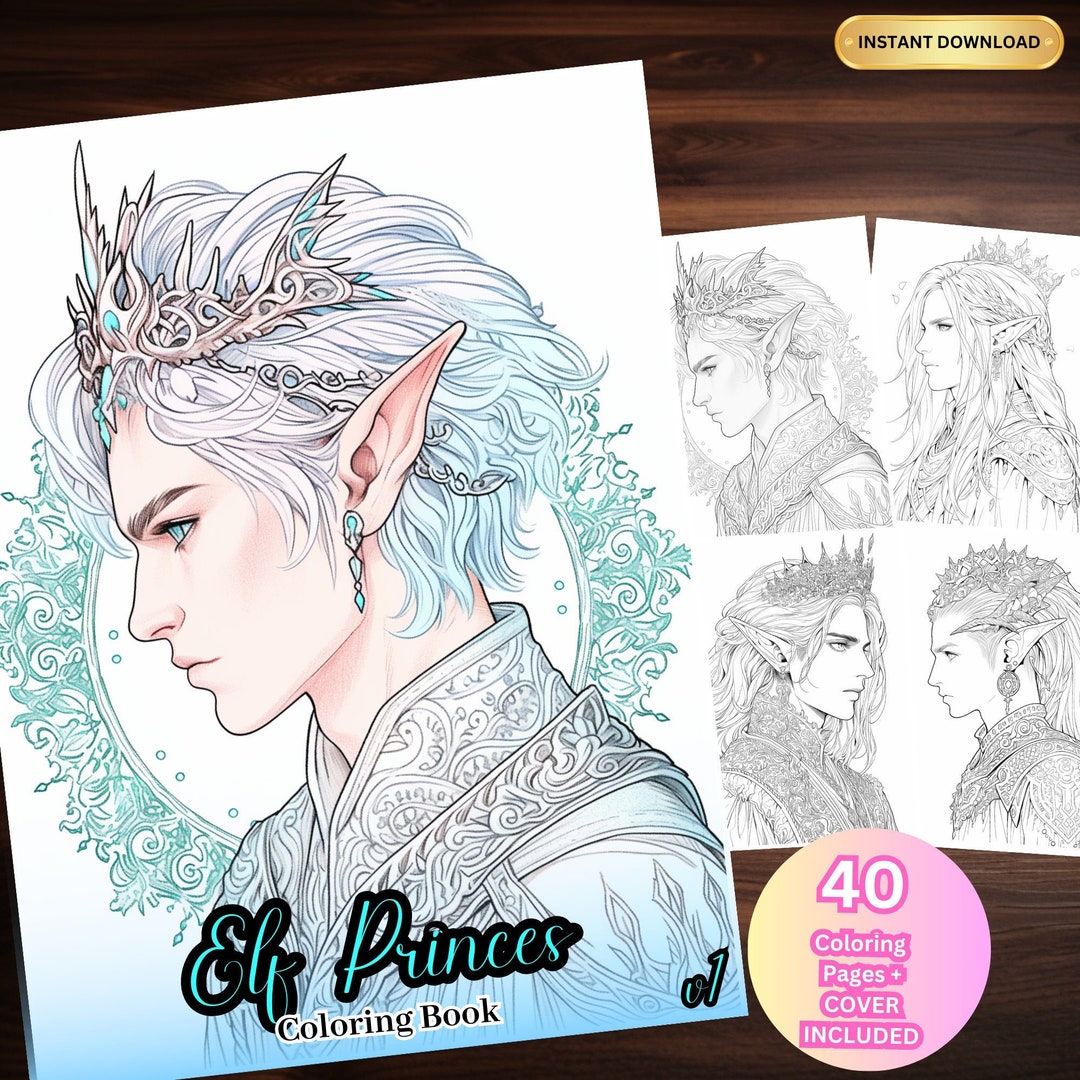 40 Elven Prince Coloring Book Instant Download Grayscale Coloring Pages Printable PDF Ready to ...