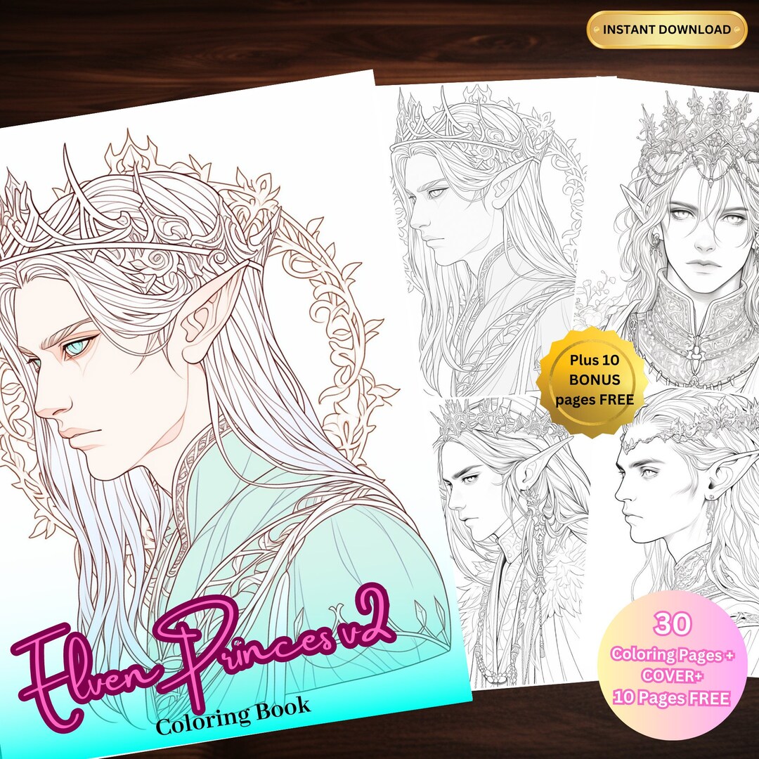 40 Elven Princes Coloring Book V2 Instant Download Grayscale - Etsy