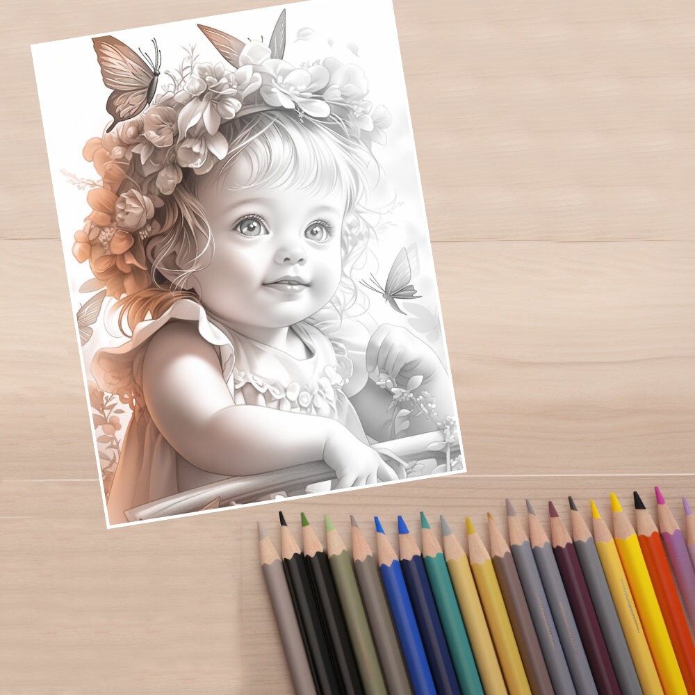 40 Cute Baby Princess Baby Girl Coloring Printable PDF Grayscale ...