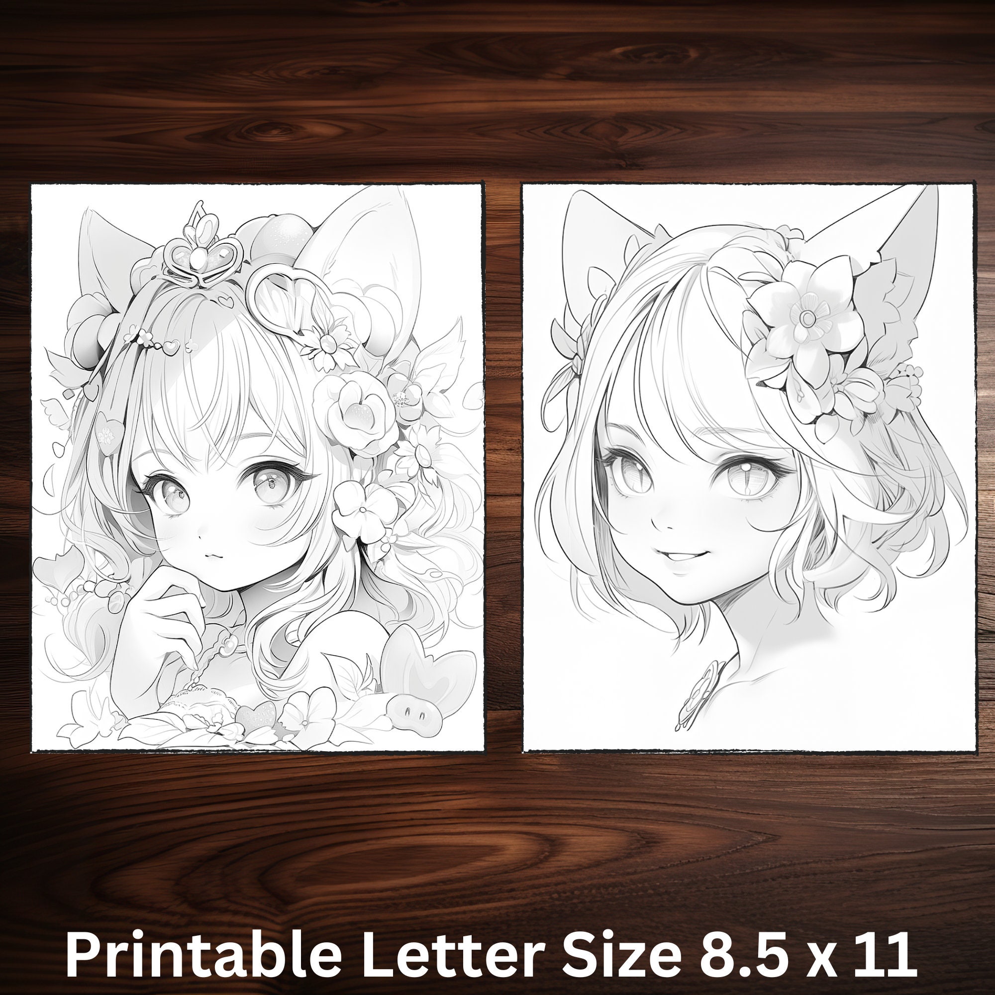 Cat Girls Cat Ears Coloring Book Fantasy Coloring Anime Art Printable ...