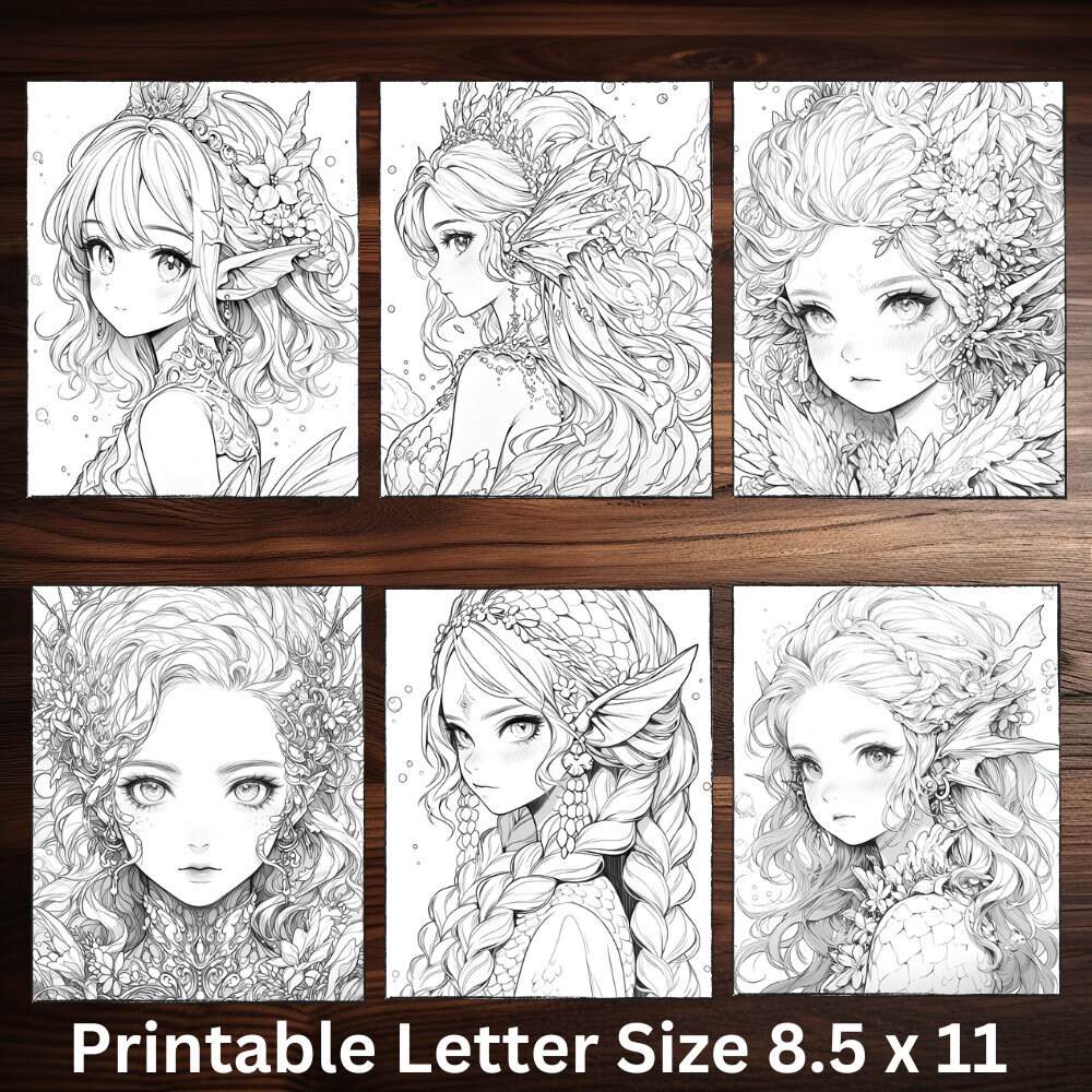 Mermaid Coloring Book Under the Sea Fantasy Art Printable PDF Grayscale