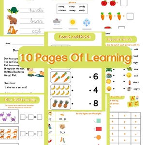 May include: A colorful worksheet with 10 pages of learning activities for kids. The worksheet includes activities like tracing letters, counting, matching, and opposite words. The worksheet is designed to help kids learn and grow.